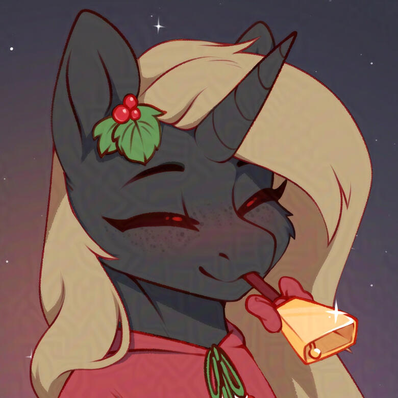 Icon of Quiet Waters, a charcoal colored unicorn pony with blonde hair and a wry grin